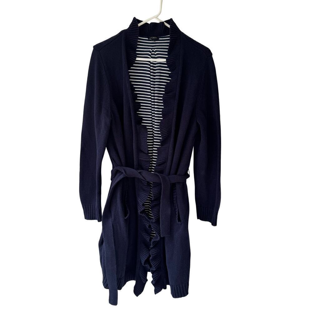 Talbots Womens Duster Cardigan‎ L Long Sweater Navy Blue Belted Preppy Classic